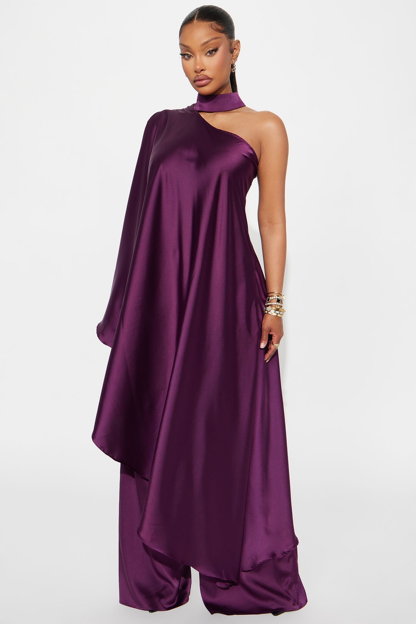 Solana Satin One Shoulder Draped Pant Set - Eggplant