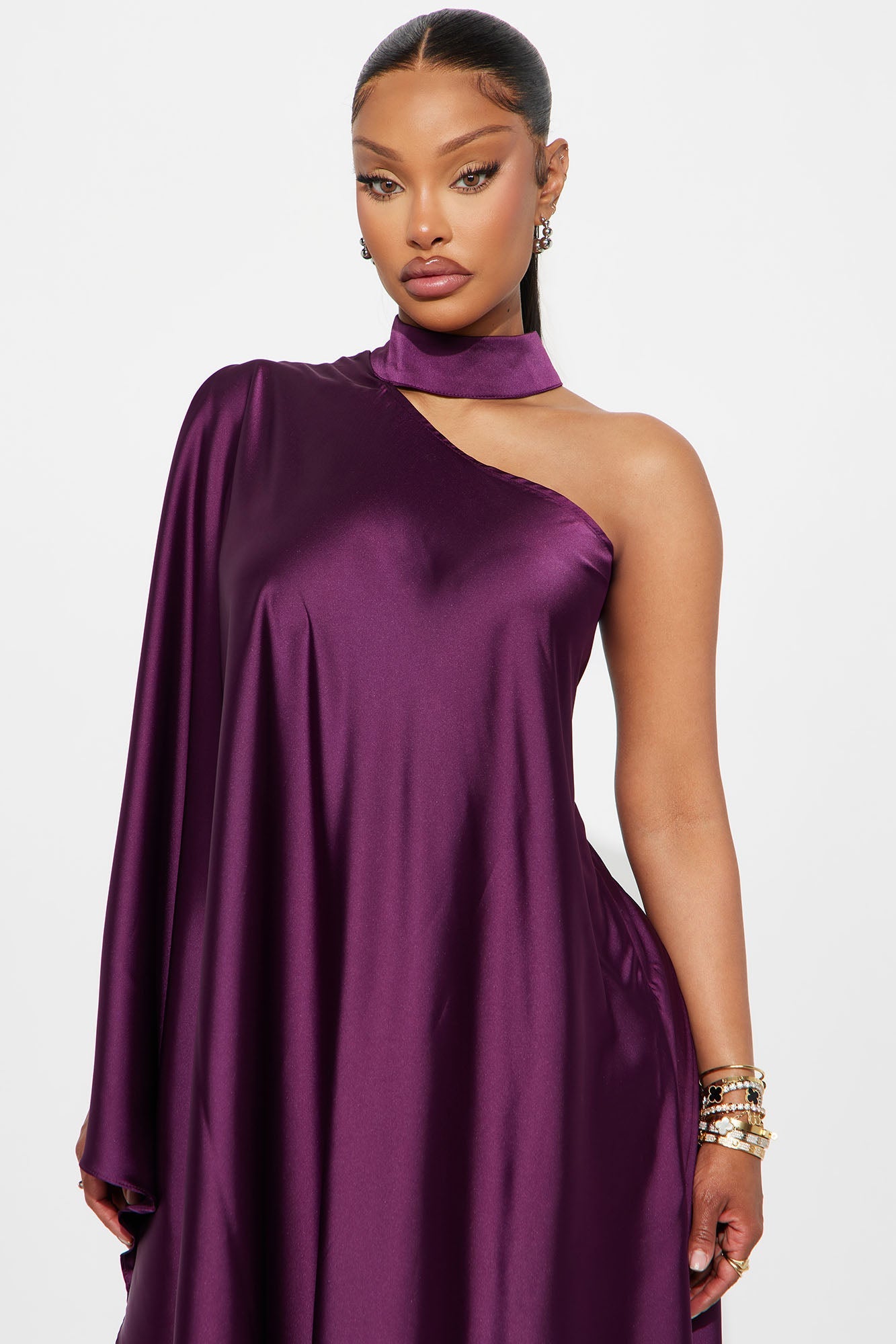 Solana Satin One Shoulder Draped Pant Set - Eggplant