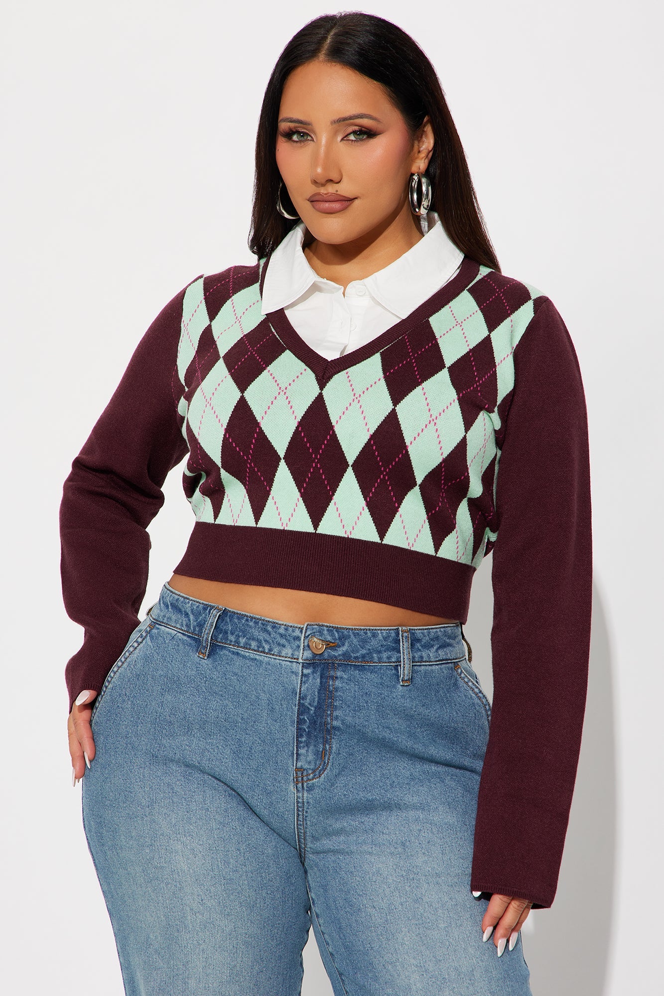 Weekend Loading Poplin Collar Argyle Sweater - Burgundy/combo