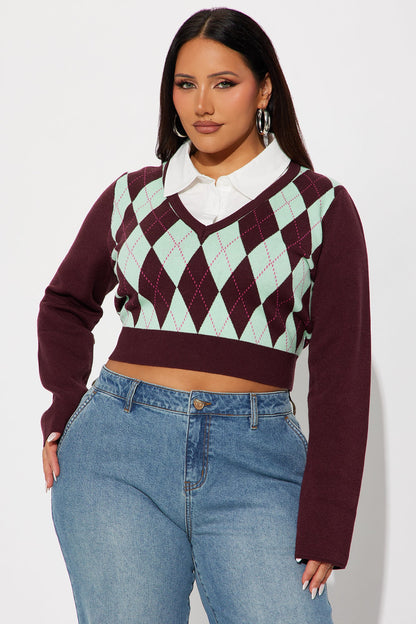 Weekend Loading Poplin Collar Argyle Sweater - Burgundy/combo