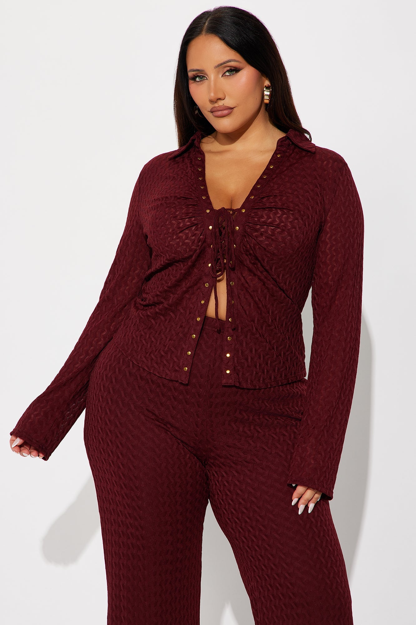 Taking It Back Textured Mesh Pant Set - Wine