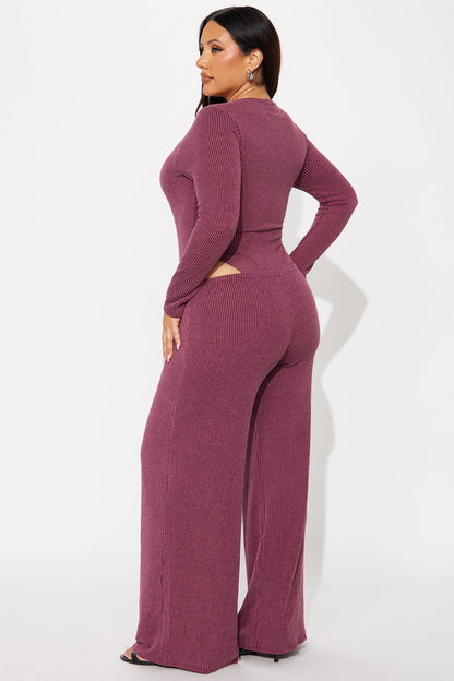 Paulette Long Sleeve Ribbed Bodysuit Pant Set - Burgundy