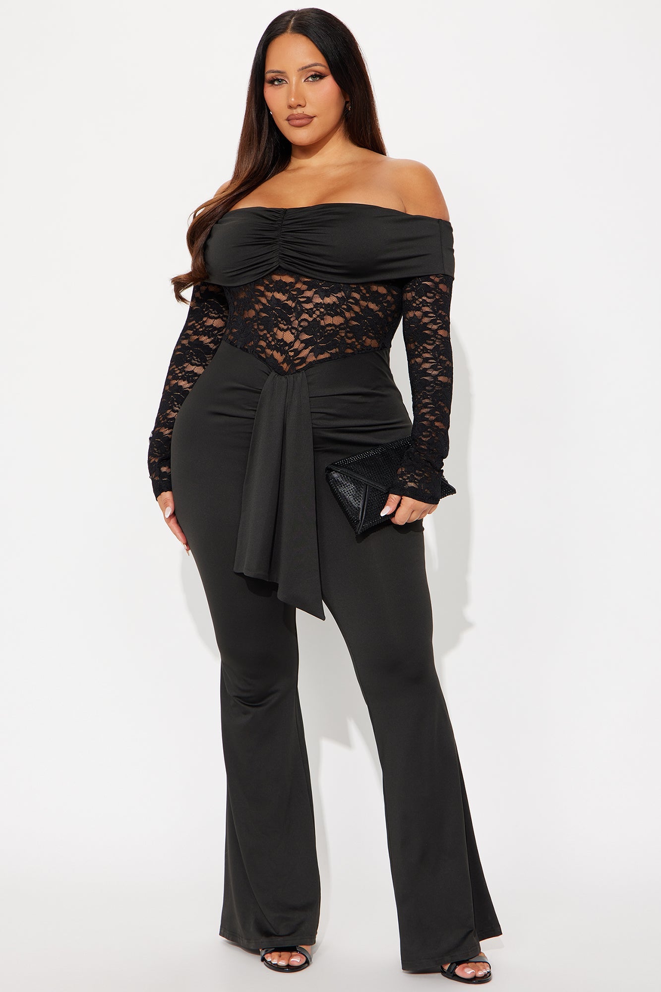 Hands On Lace Off Shoulder Jumpsuit - Black
