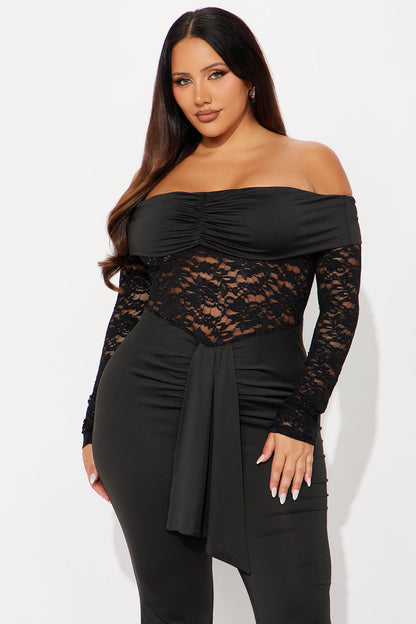 Hands On Lace Off Shoulder Jumpsuit - Black