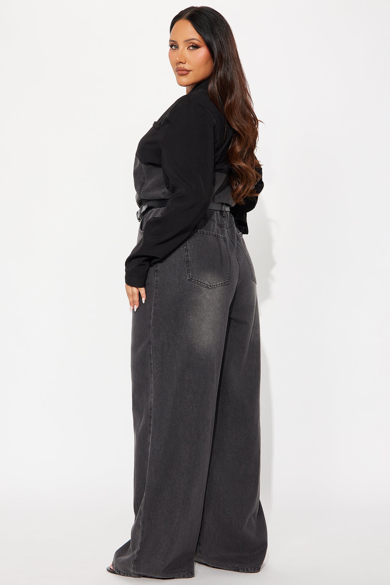 Double Identity Long Sleeve Denim Jumpsuit - Black Wash