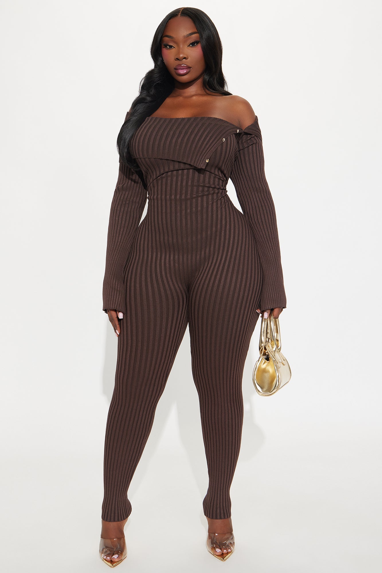 Melina Sweater Off Shoulder Skinny Leg Jumpsuit - Chocolate