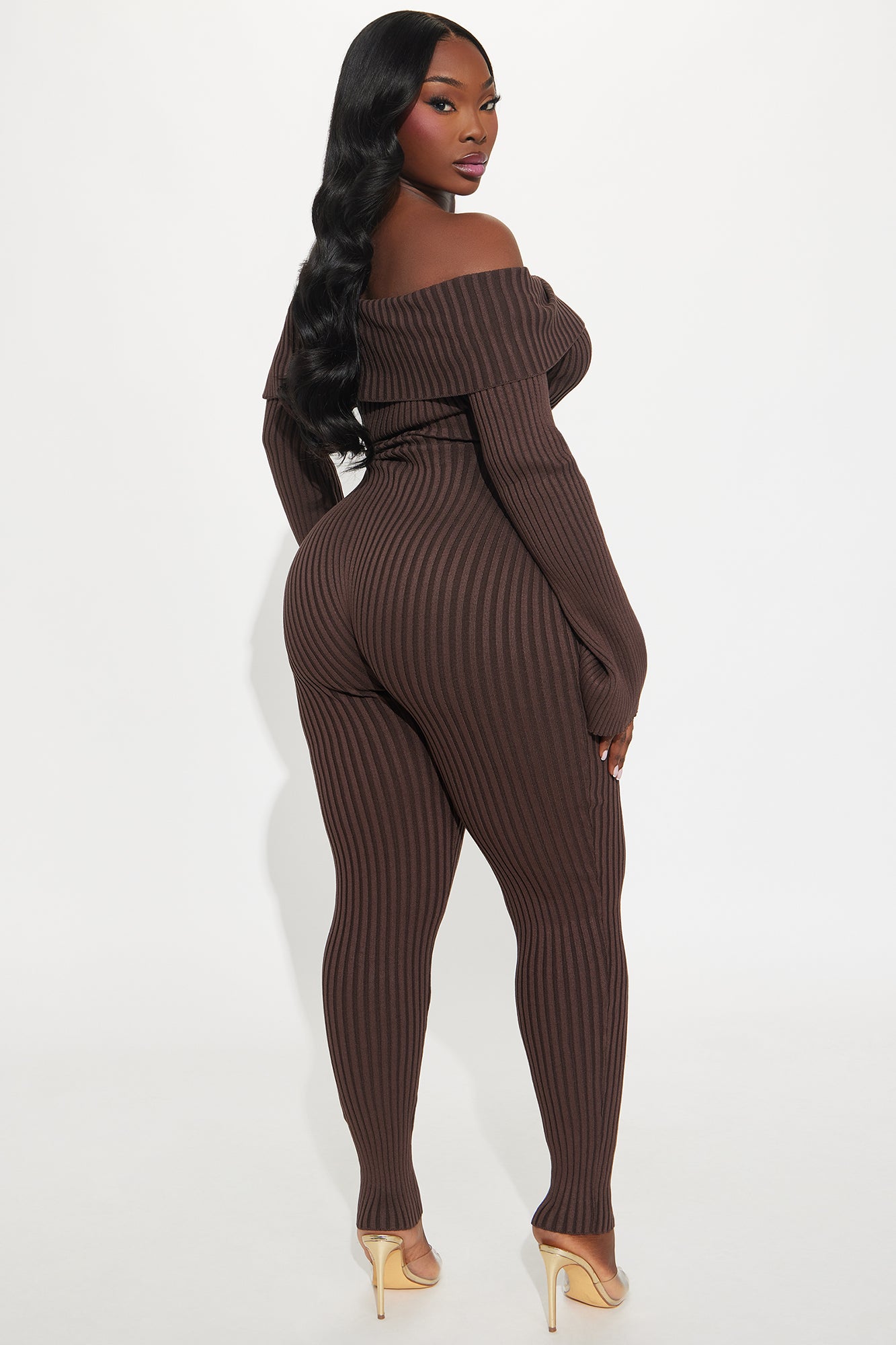 Melina Sweater Off Shoulder Skinny Leg Jumpsuit - Chocolate
