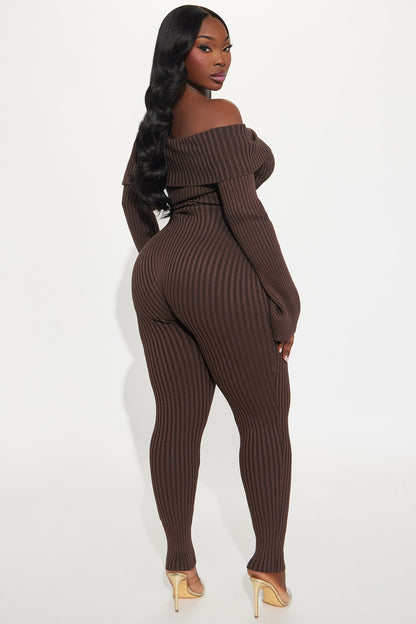 Melina Sweater Off Shoulder Skinny Leg Jumpsuit - Chocolate