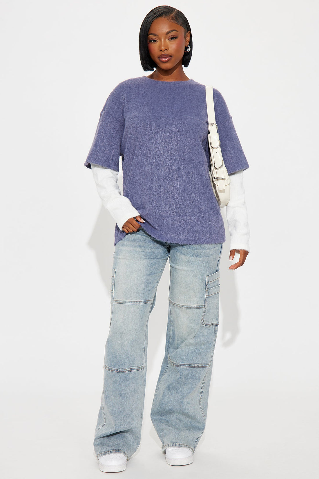 For The Thrill Layered Fuzzy Sweater - Navy/combo
