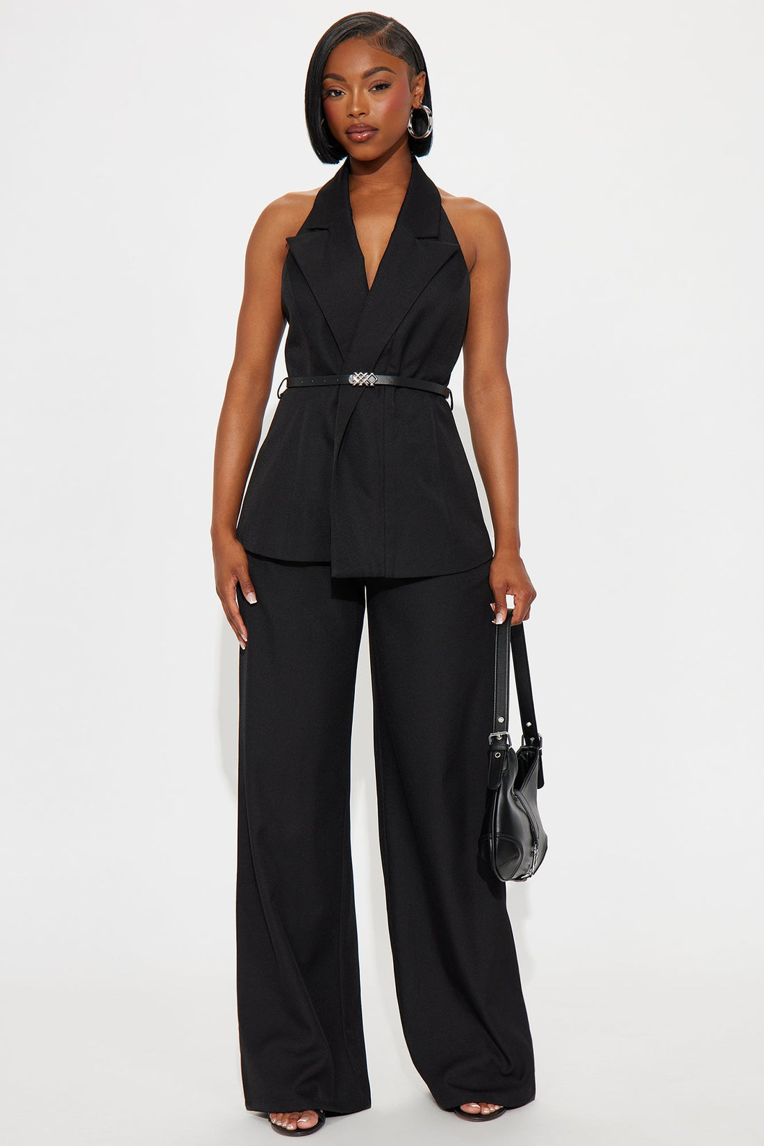 Divine Crepe Belted Vest And Pant Set - Black