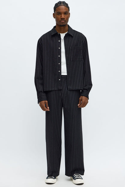 Cropped Striped Button Up Shirt - Black