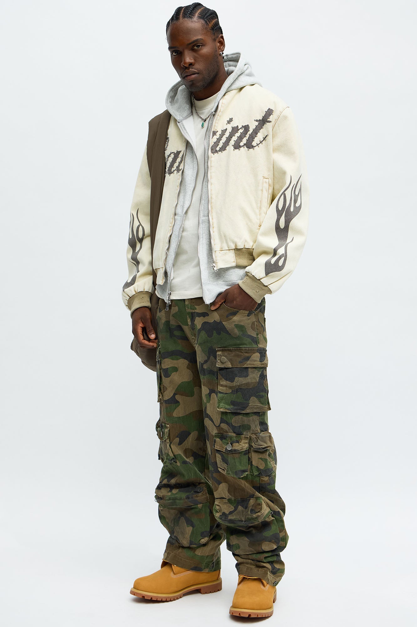 Oversized Studded Saint Utility Bomber Jacket - Stone/Combo