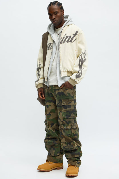 Oversized Studded Saint Utility Bomber Jacket - Stone/Combo