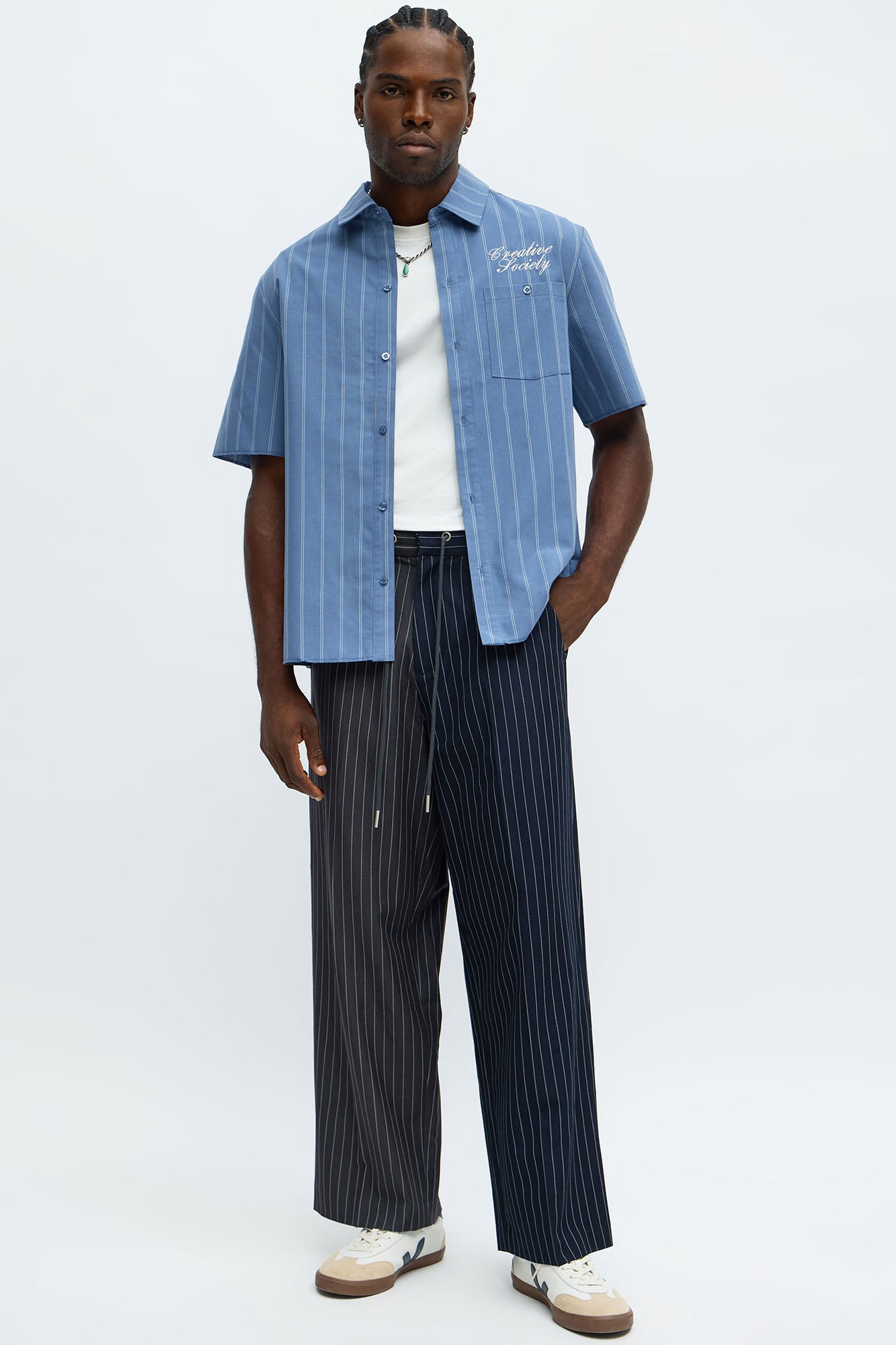 Creative Society Raw Hem Mechanic Button Up Shirt - Blue
