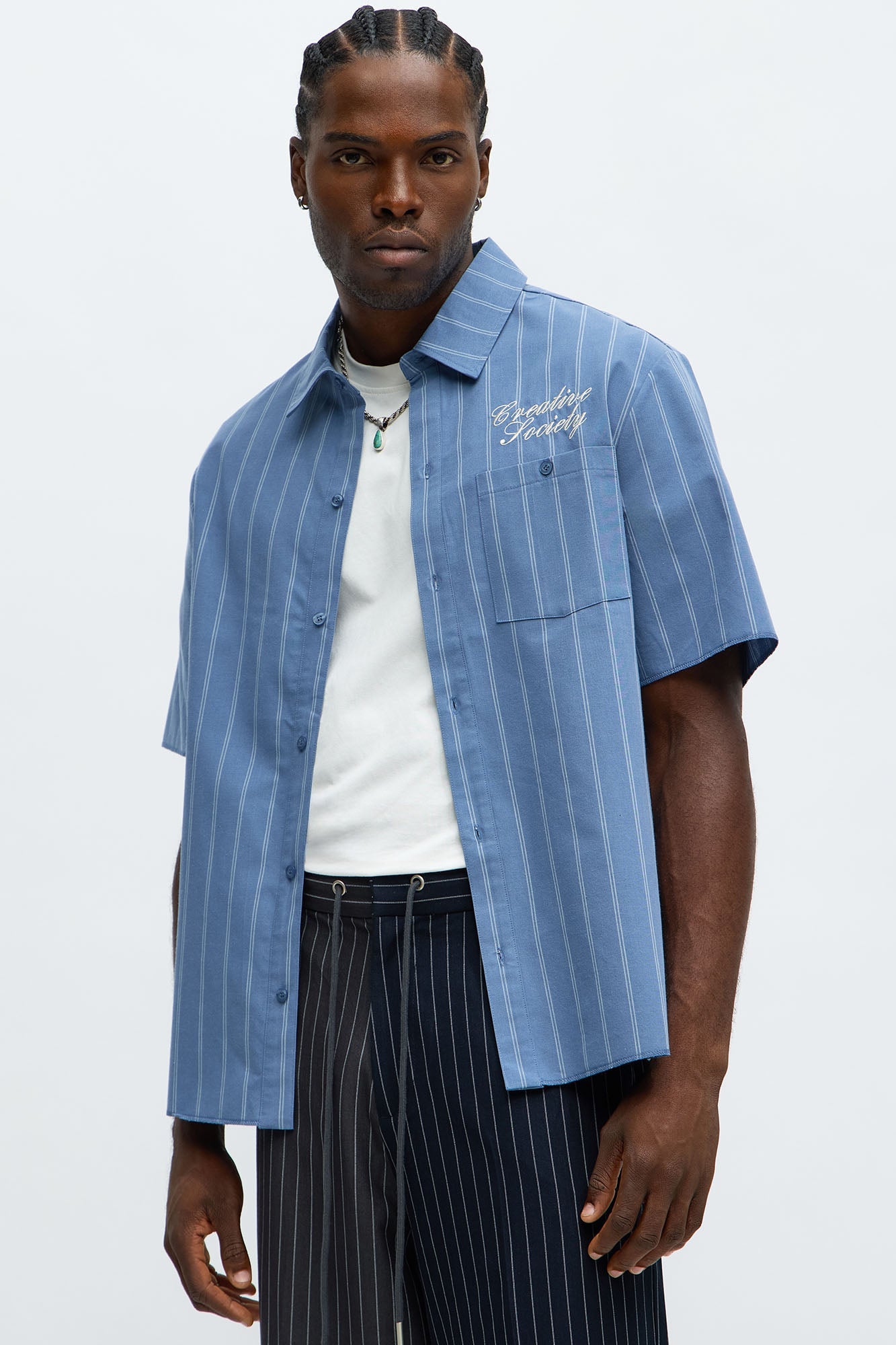 Creative Society Raw Hem Mechanic Button Up Shirt - Blue
