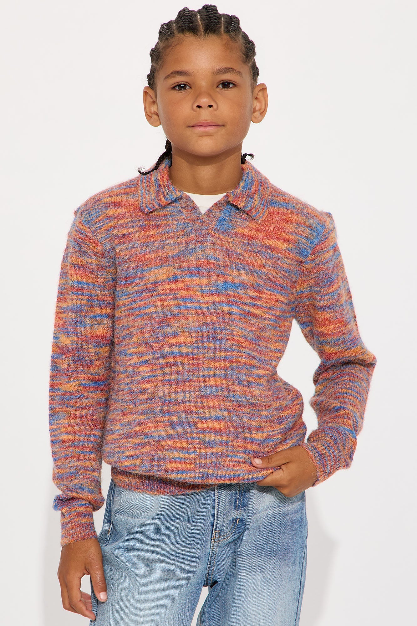 Mini Blinded Mohair Johnny Collar Sweater - Red/combo