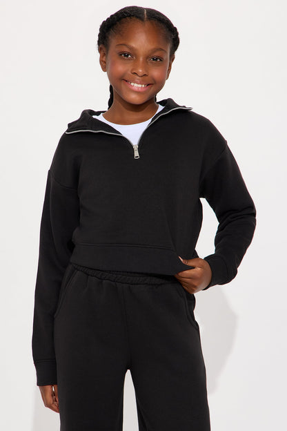 Mini Stole Your Bestie Oversized Quarter Zip Sweatshirt - Black