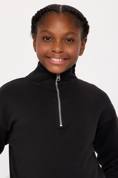 Mini Stole Your Bestie Oversized Quarter Zip Sweatshirt - Black