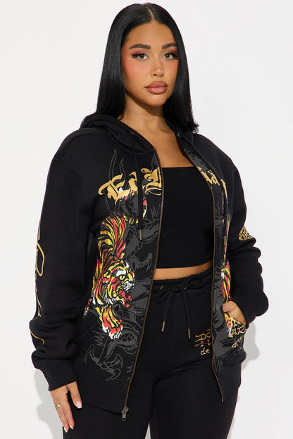 Ed Hardy Deja Vu Tiger Zip Up Hoodie - Black