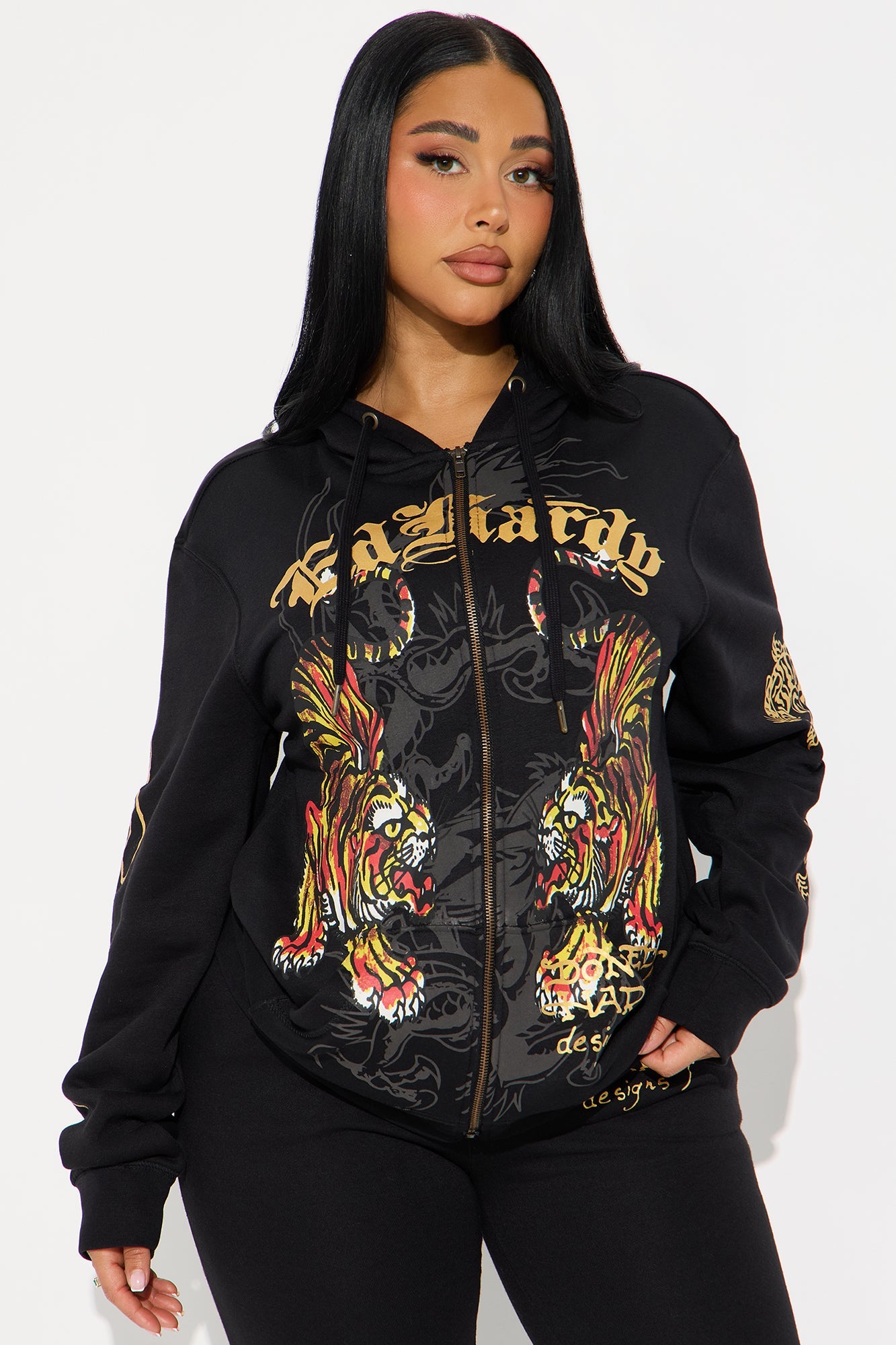 Ed Hardy Deja Vu Tiger Zip Up Hoodie - Black
