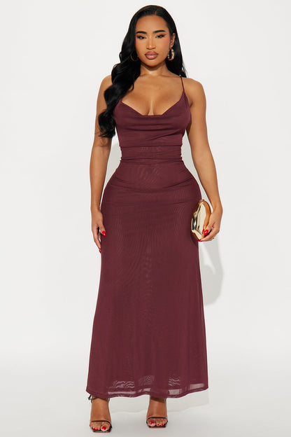 Beaded Muse Maxi Mesh Dress - Burgundy