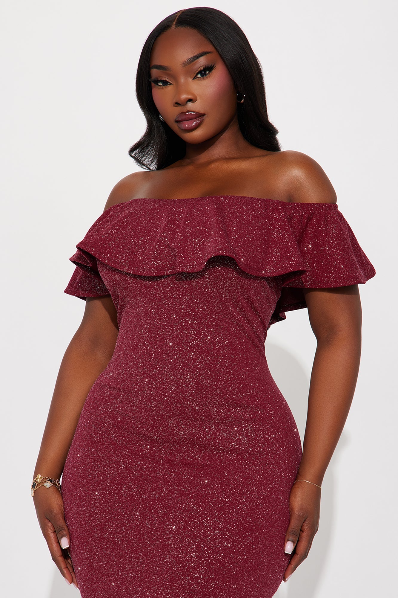 Halle Off Shoulder Midi Dress - Burgundy