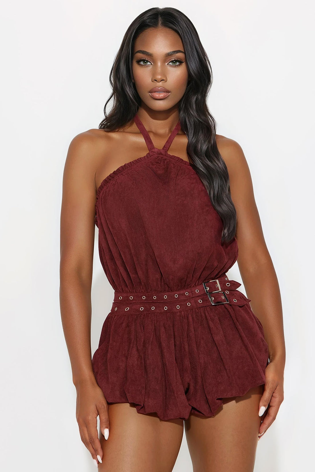 Cherry On Top Faux Suede Bubble Romper - Burgundy