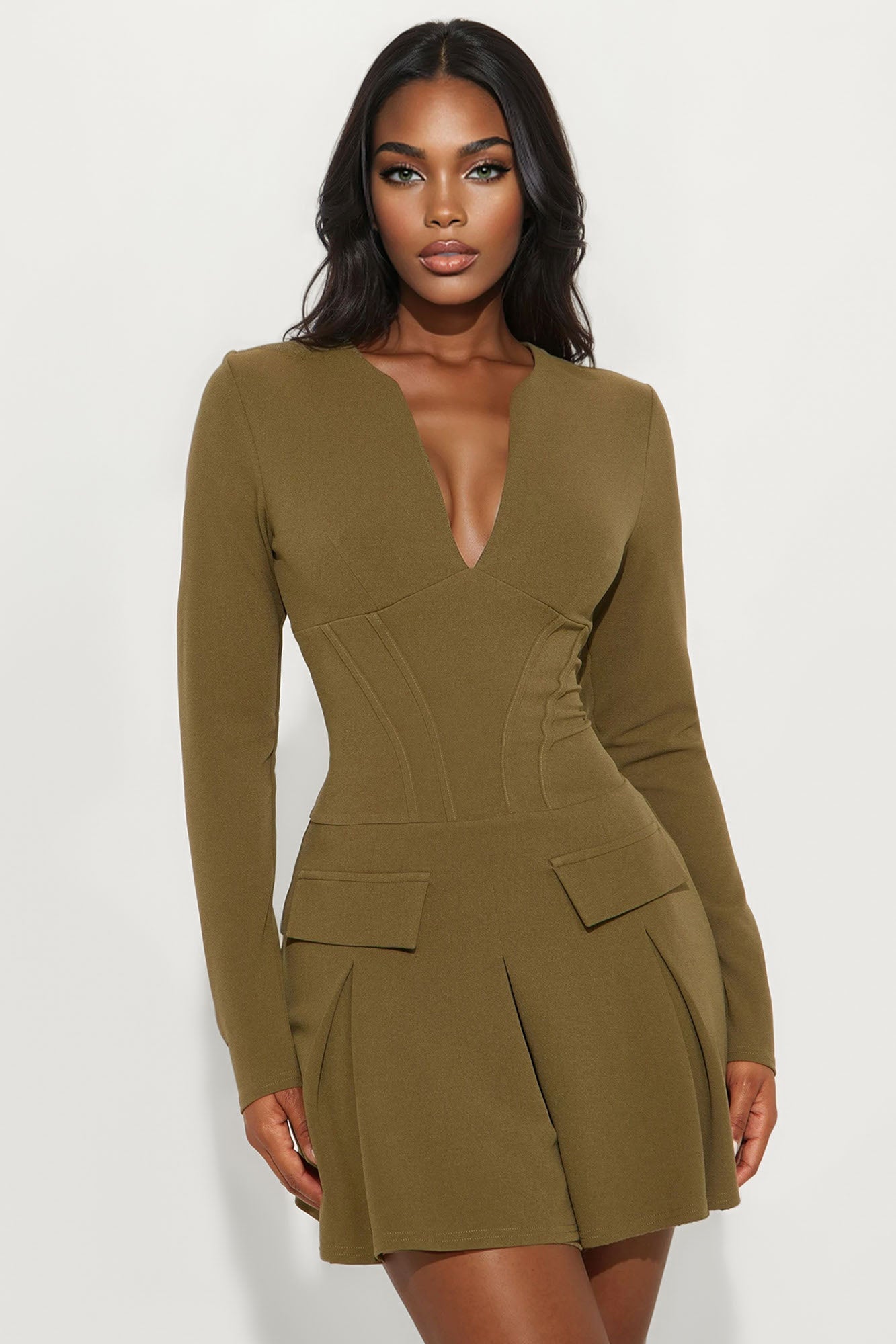Caprice Pleated Mini Dress - Olive
