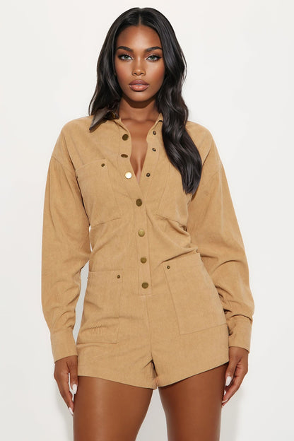 Bossed Up Long Sleeve Romper - Camel