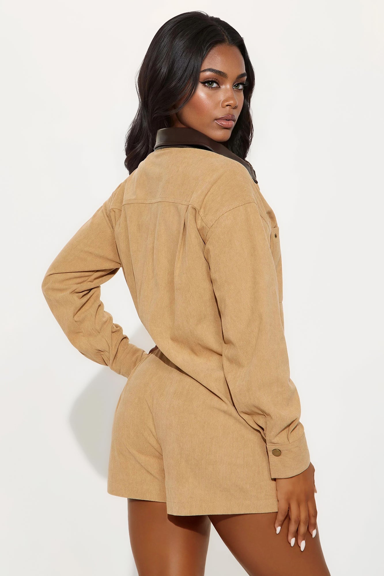 Bossed Up Long Sleeve Romper - Camel