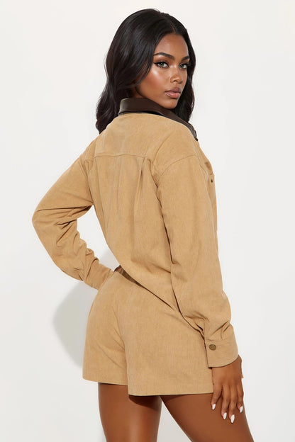 Bossed Up Long Sleeve Romper - Camel