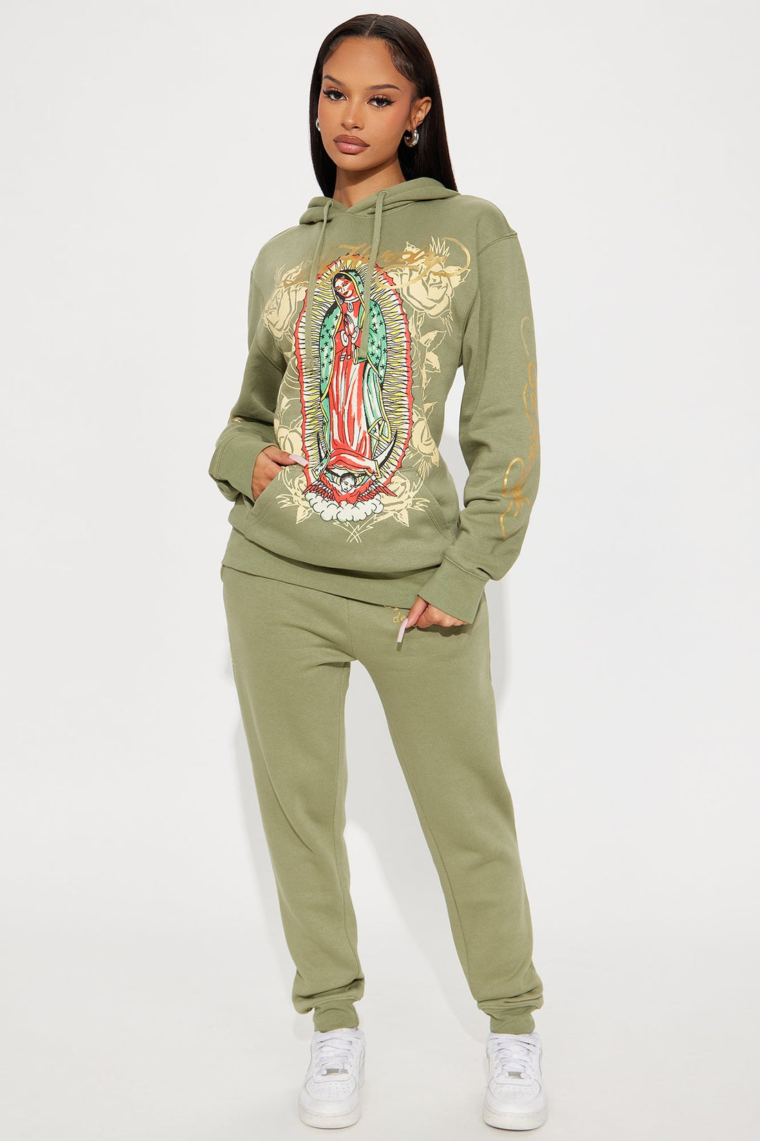Ed Hardy Mary Roses Oversized Hoodie - Sage