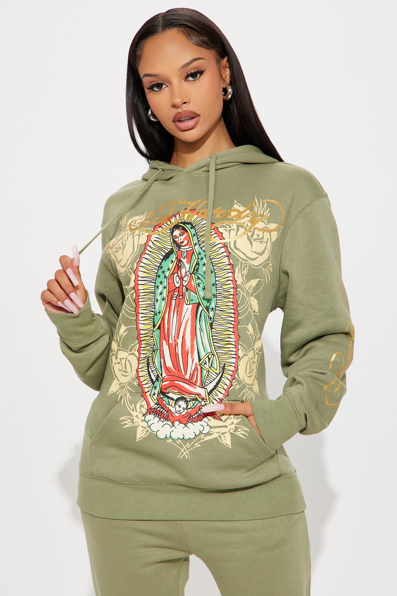 Ed Hardy Mary Roses Oversized Hoodie - Sage
