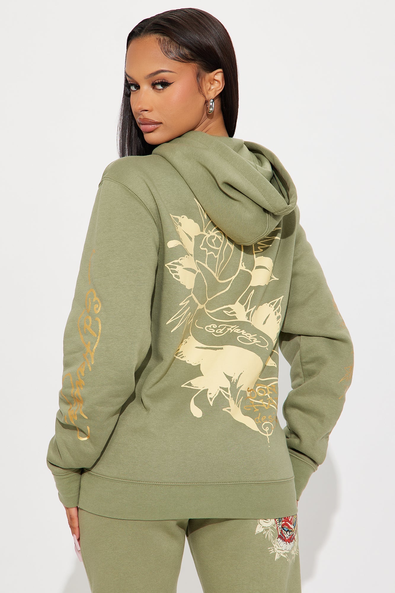Ed Hardy Mary Roses Oversized Hoodie - Sage