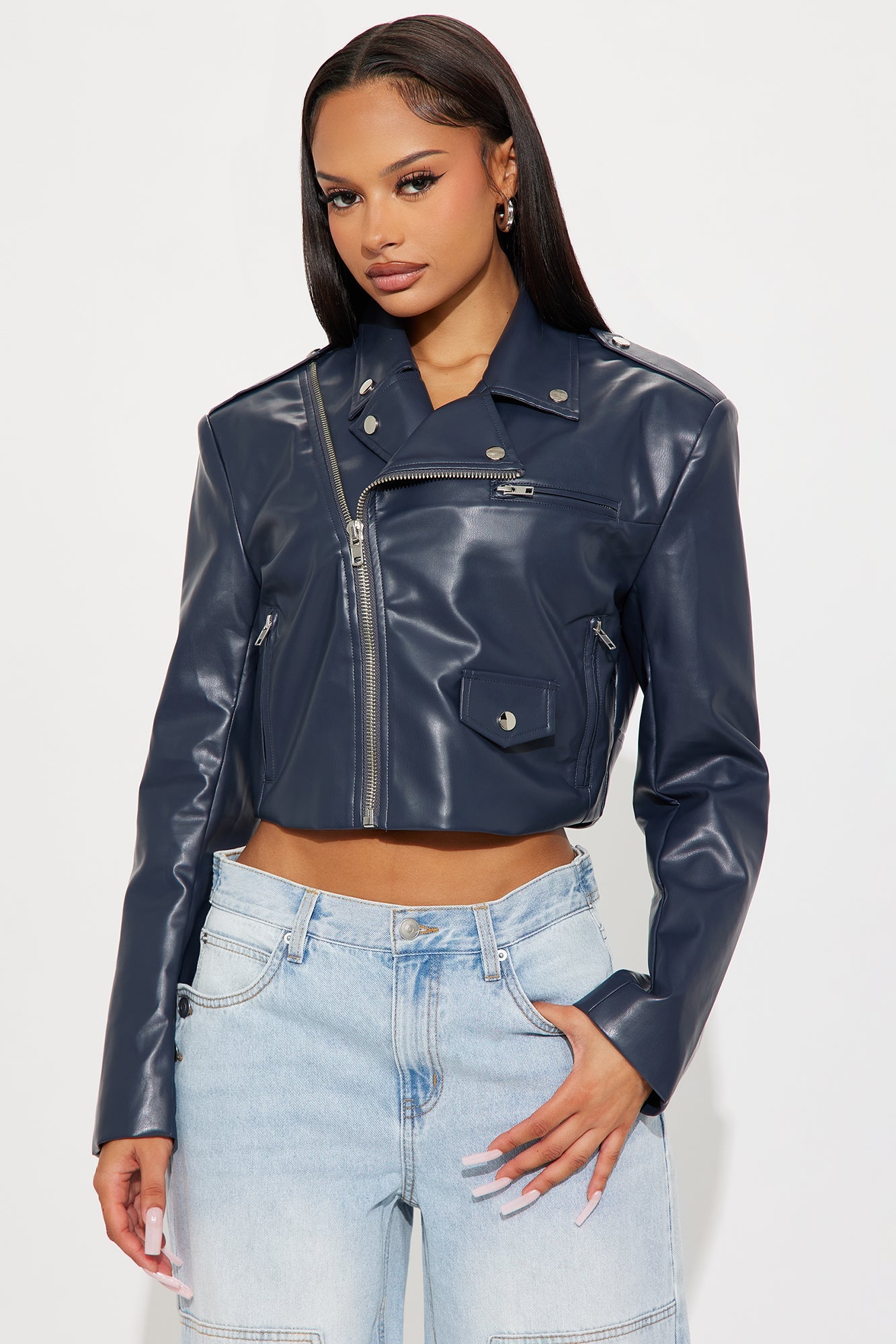 Break The Mold Faux Leather Moto Jacket - Blue
