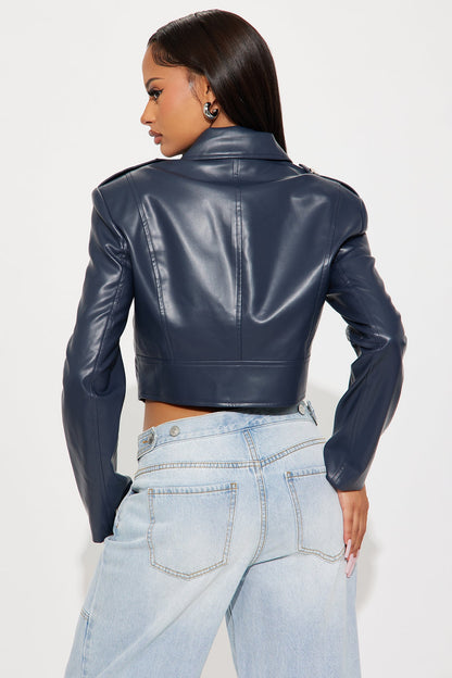 Break The Mold Faux Leather Moto Jacket - Blue