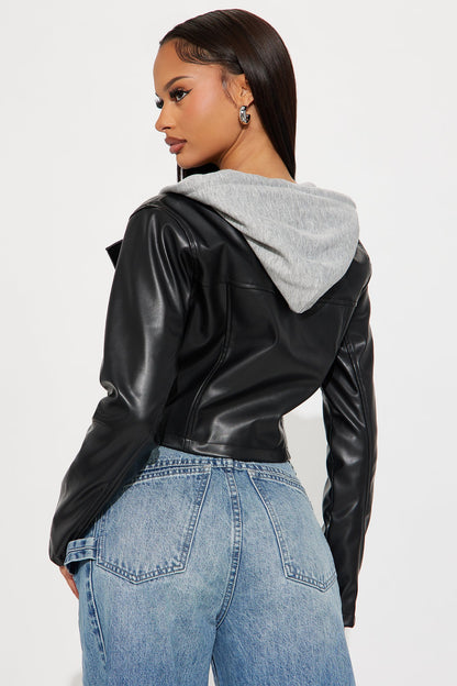Callie Hooded Faux Leather Moto Jacket - Black