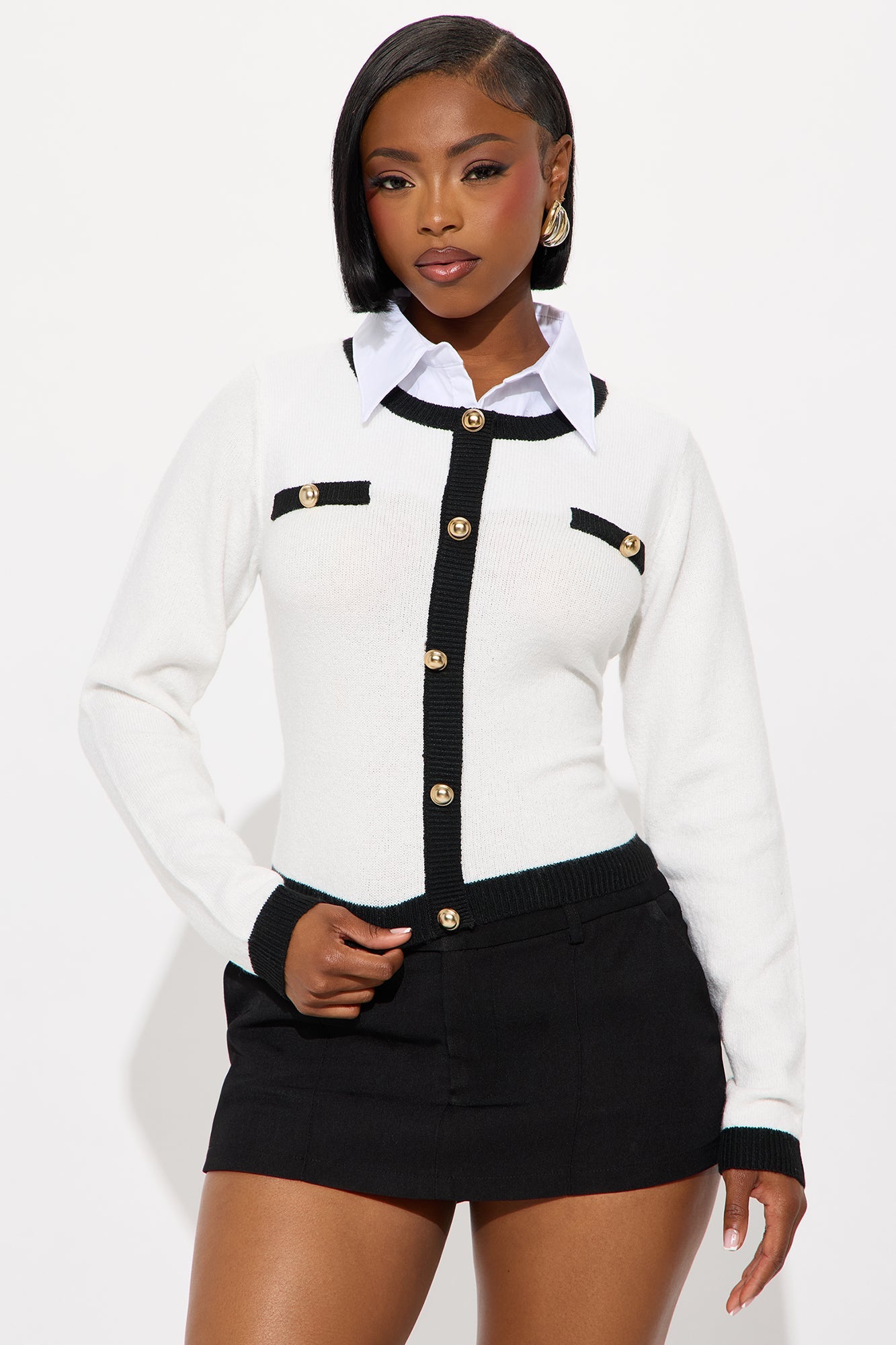 Golden Era Button Front Collared Cardigan - Ivory/combo