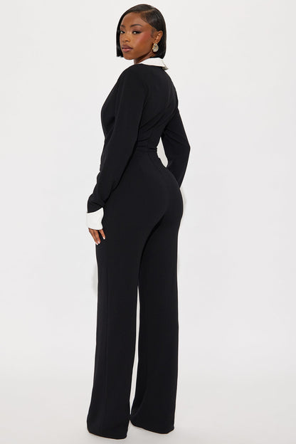 Thalia Long Sleeve Straight Leg Jumpsuit - Black/White
