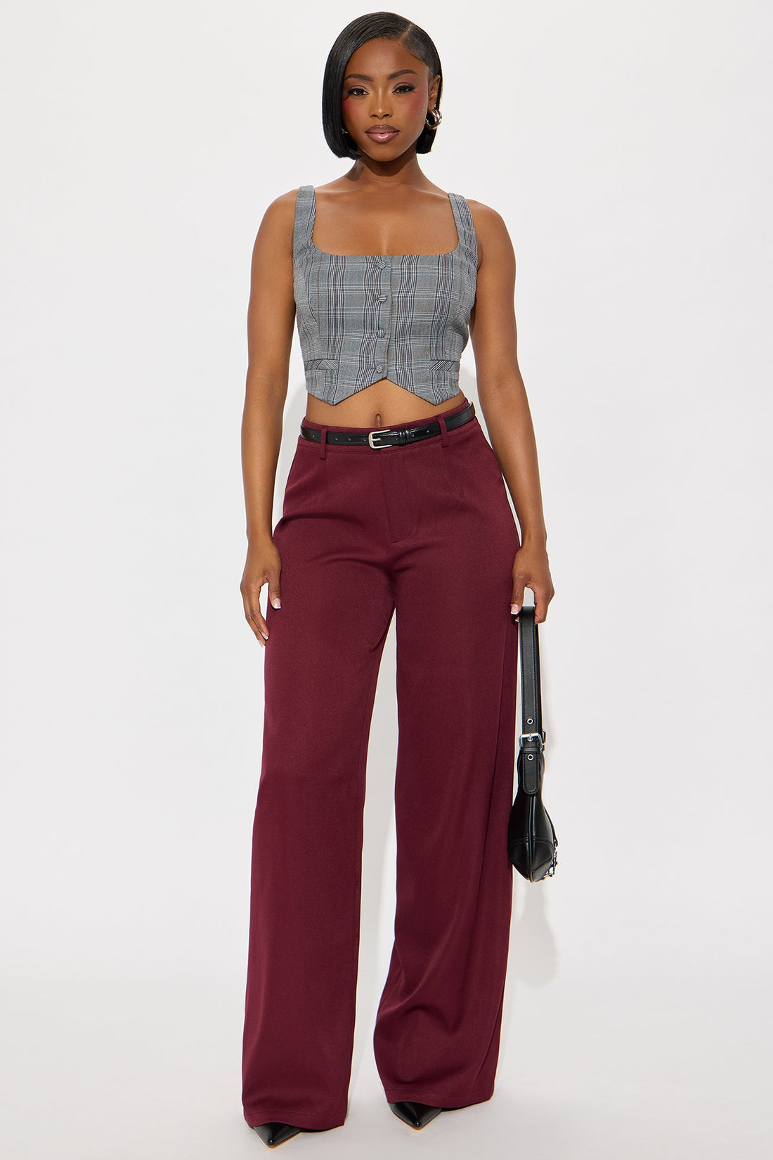 Sloane High Rise Belted Trouser Pant - Burgundy