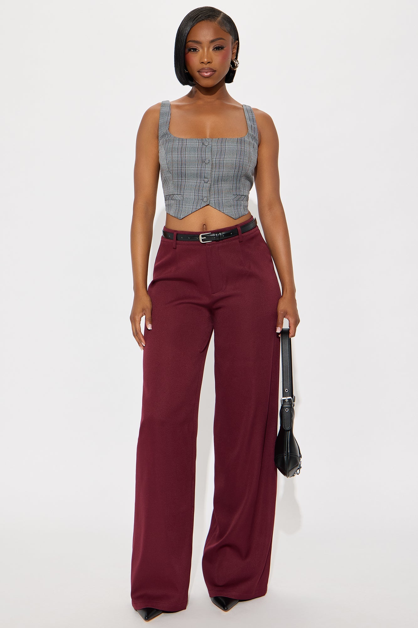 Sloane High Rise Belted Trouser Pant - Burgundy