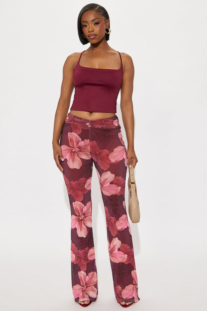 Floral Escape Mesh Straight Leg Ruched Pant 33 - Burgundy/combo