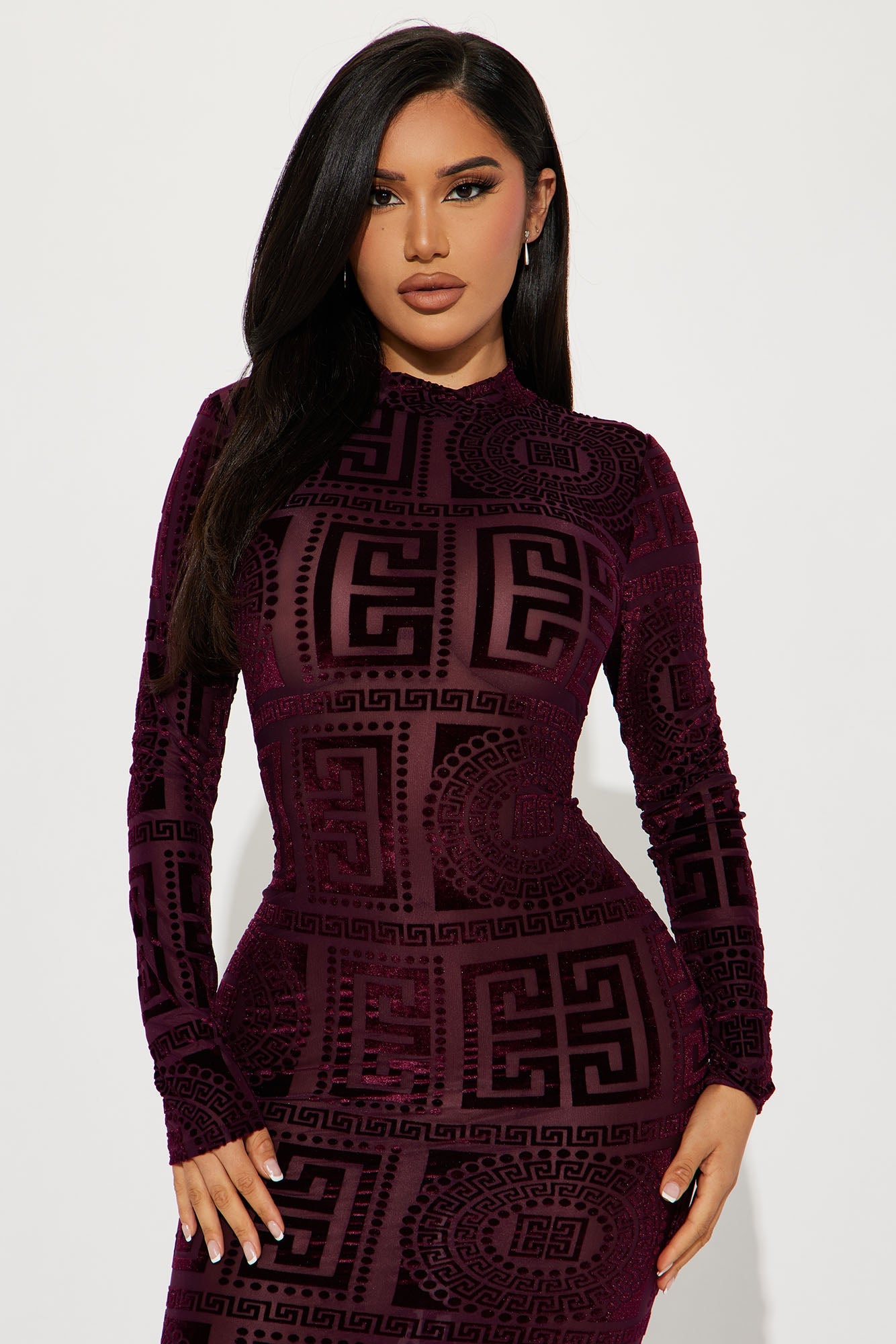 Remy Velvet Burnout Midi Dress - Burgundy