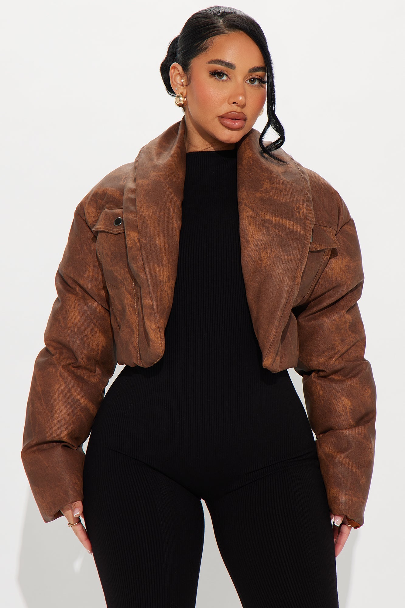 Cloud Hopping Faux Leather Puffer Jacket - Brown