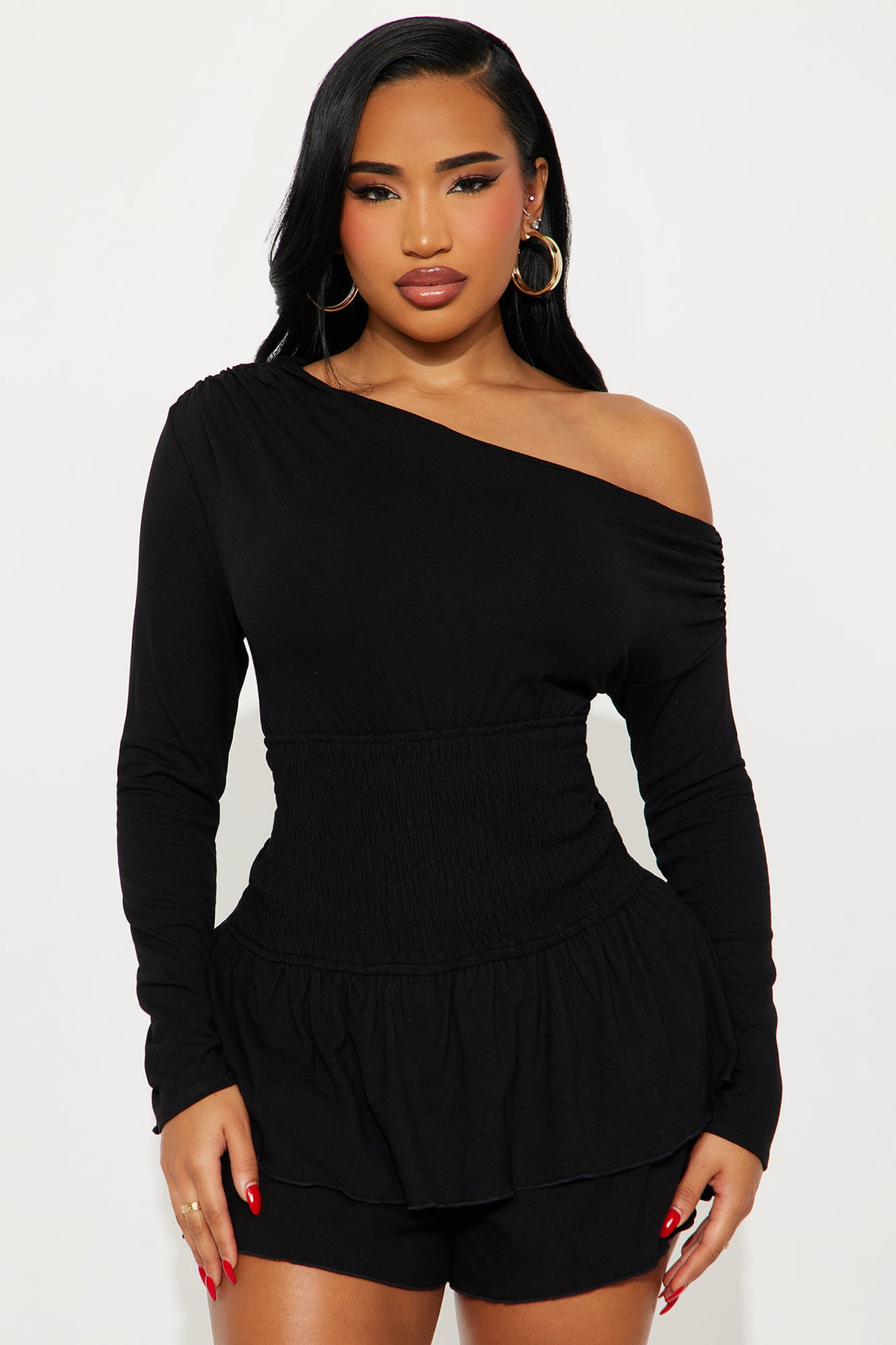 One More Look Off Shoulder Ruffle Romper - Black