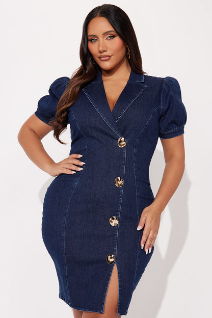 Mackenzie Collar Denim Midi Dress - Dark Denim