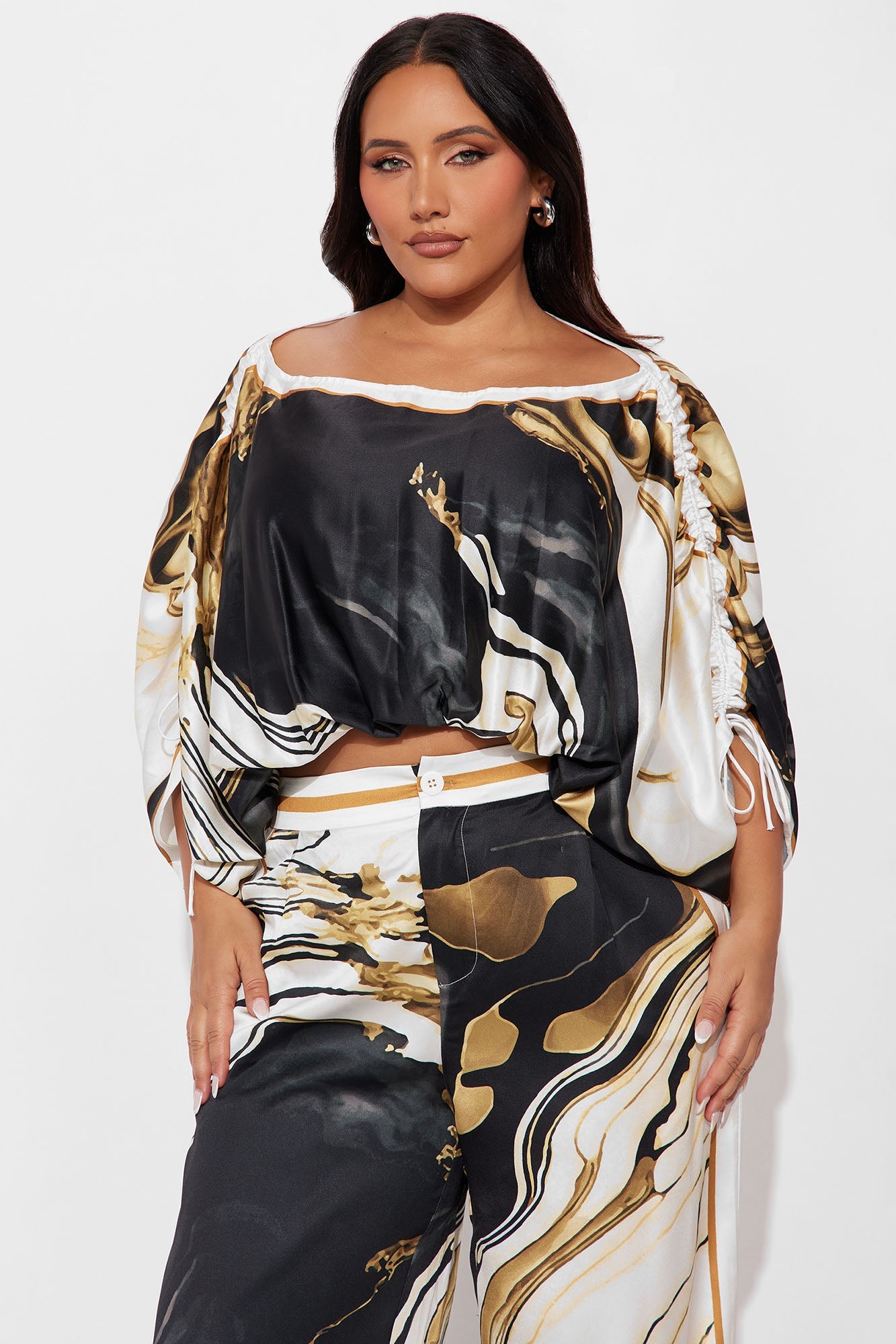 Marlene Off Shoulder Satin Pant Set - Black/combo