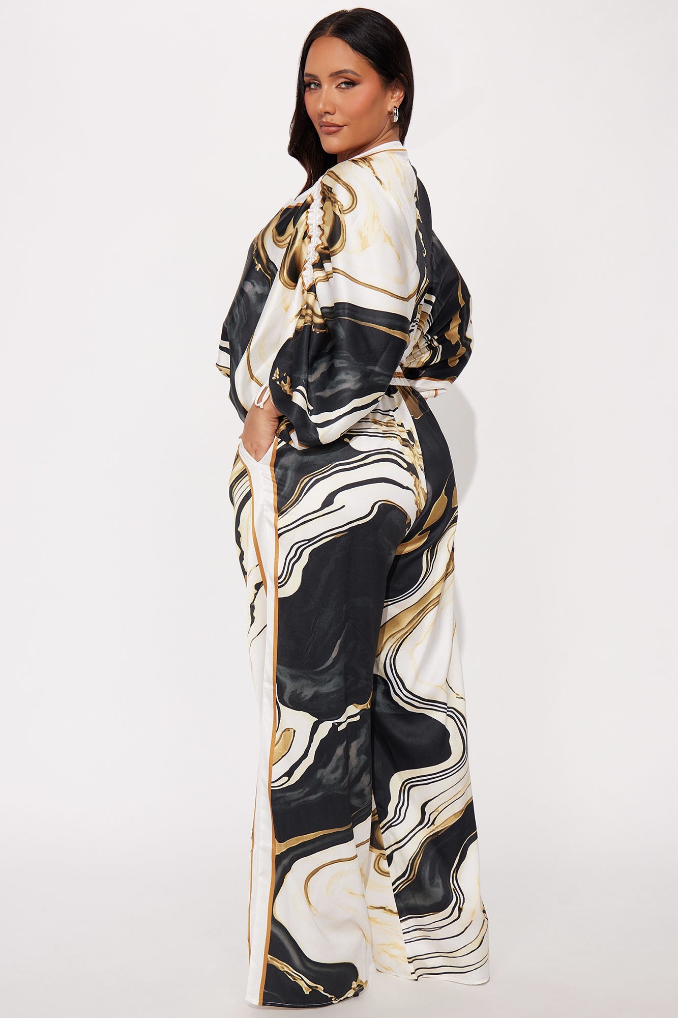 Marlene Off Shoulder Satin Pant Set - Black/combo