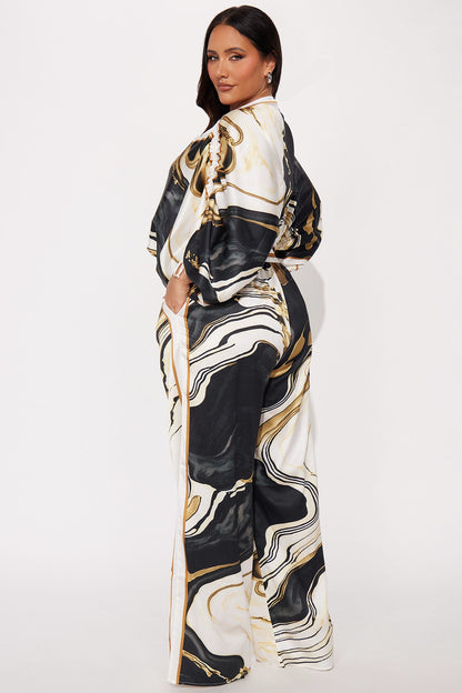 Marlene Off Shoulder Satin Pant Set - Black/combo