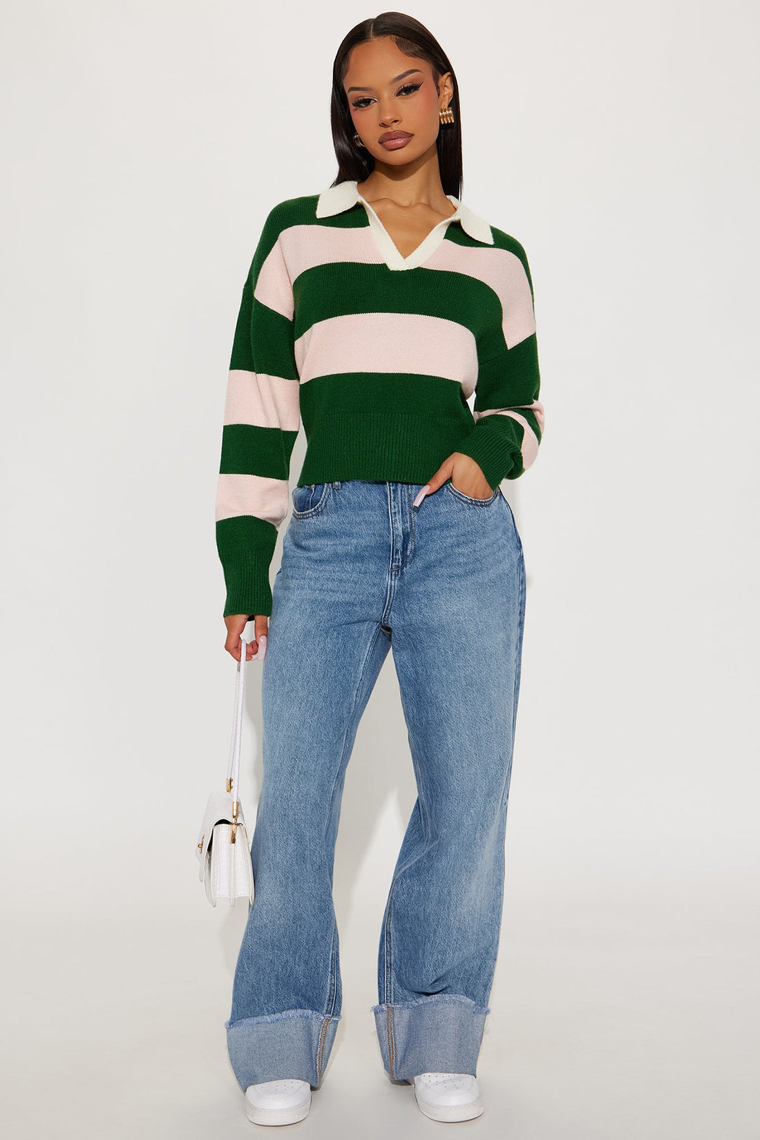 Amara Rugby Stripe Polo Sweater - Green/combo